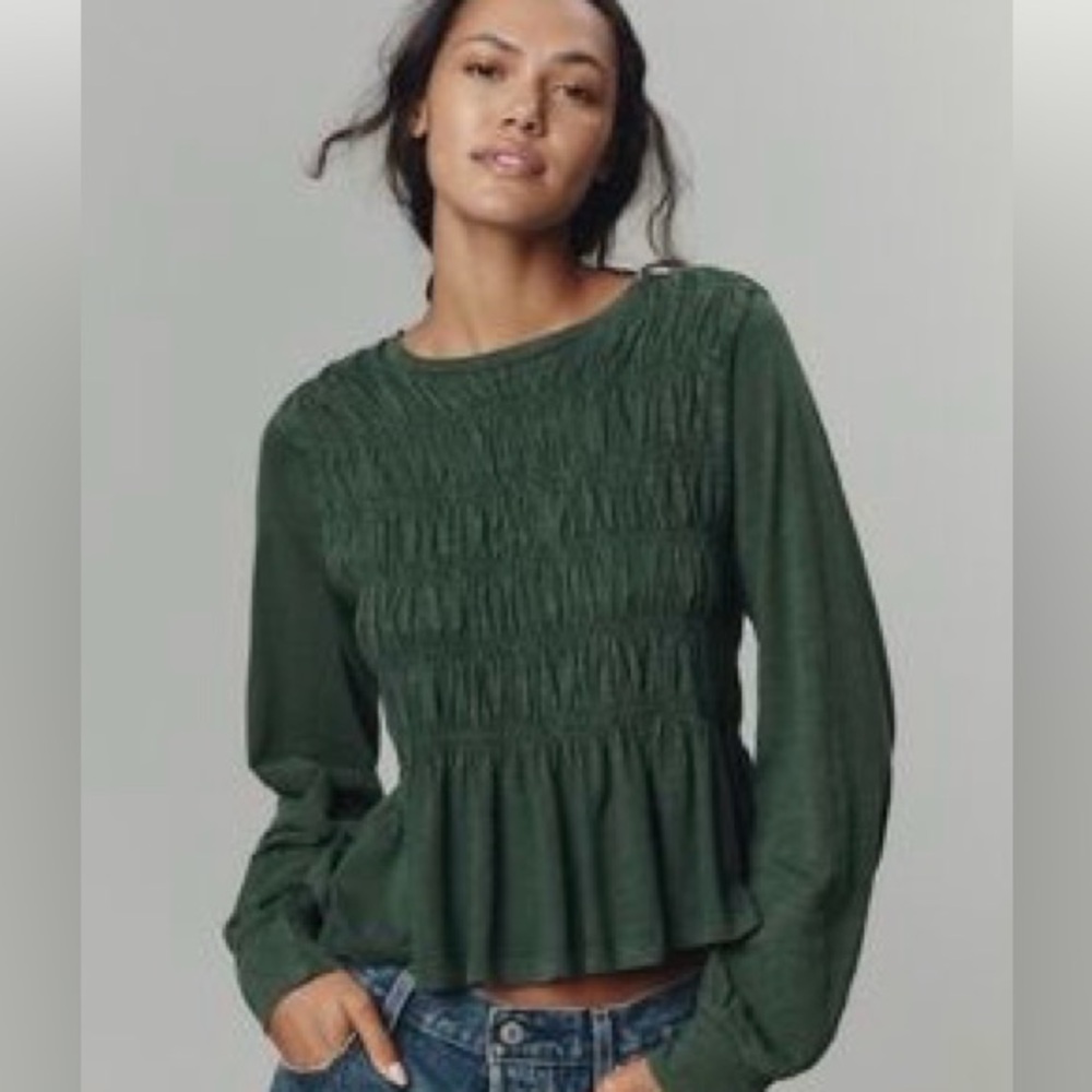 Pilcro long sleeved smocked top green